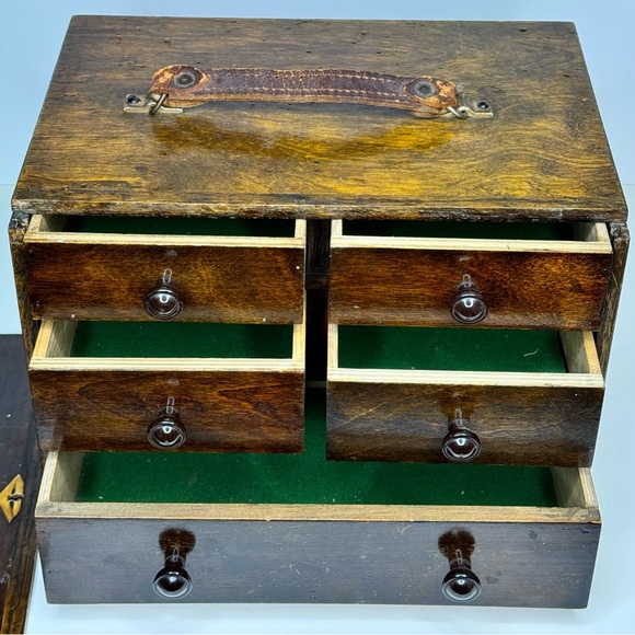 Antique Wooden Box of Drawers (4 Sm, 1 Lg) with secret door and lock - Picture 2 of 7